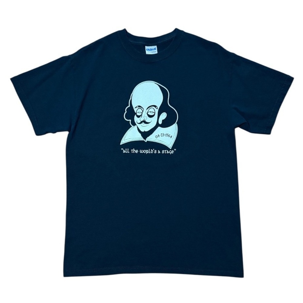 Vintage Y2K William Shakespeare All The Worlds A Stage Quote Caricature T-shirt